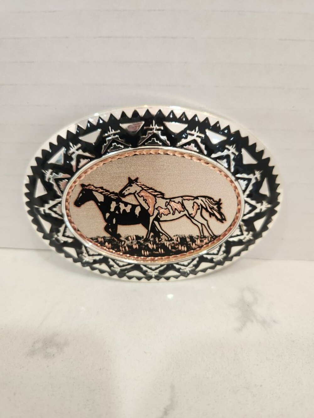 Vintage Western Horse Belt Buckle Two Horses Oval Silver Black Ornate Cowboy